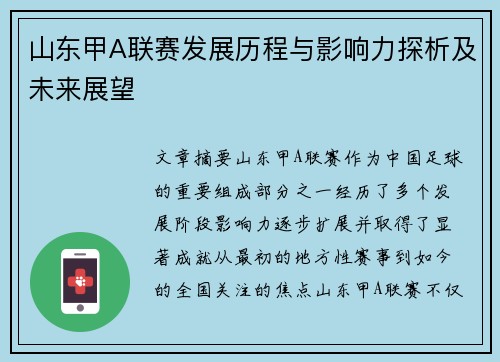 山东甲A联赛发展历程与影响力探析及未来展望