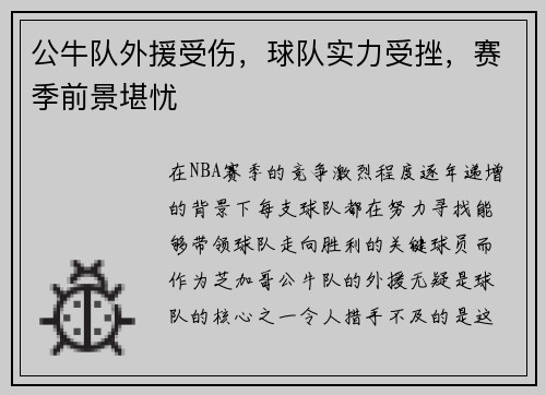 公牛队外援受伤，球队实力受挫，赛季前景堪忧
