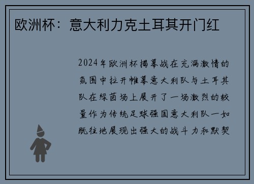 欧洲杯：意大利力克土耳其开门红