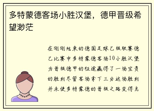 多特蒙德客场小胜汉堡，德甲晋级希望渺茫